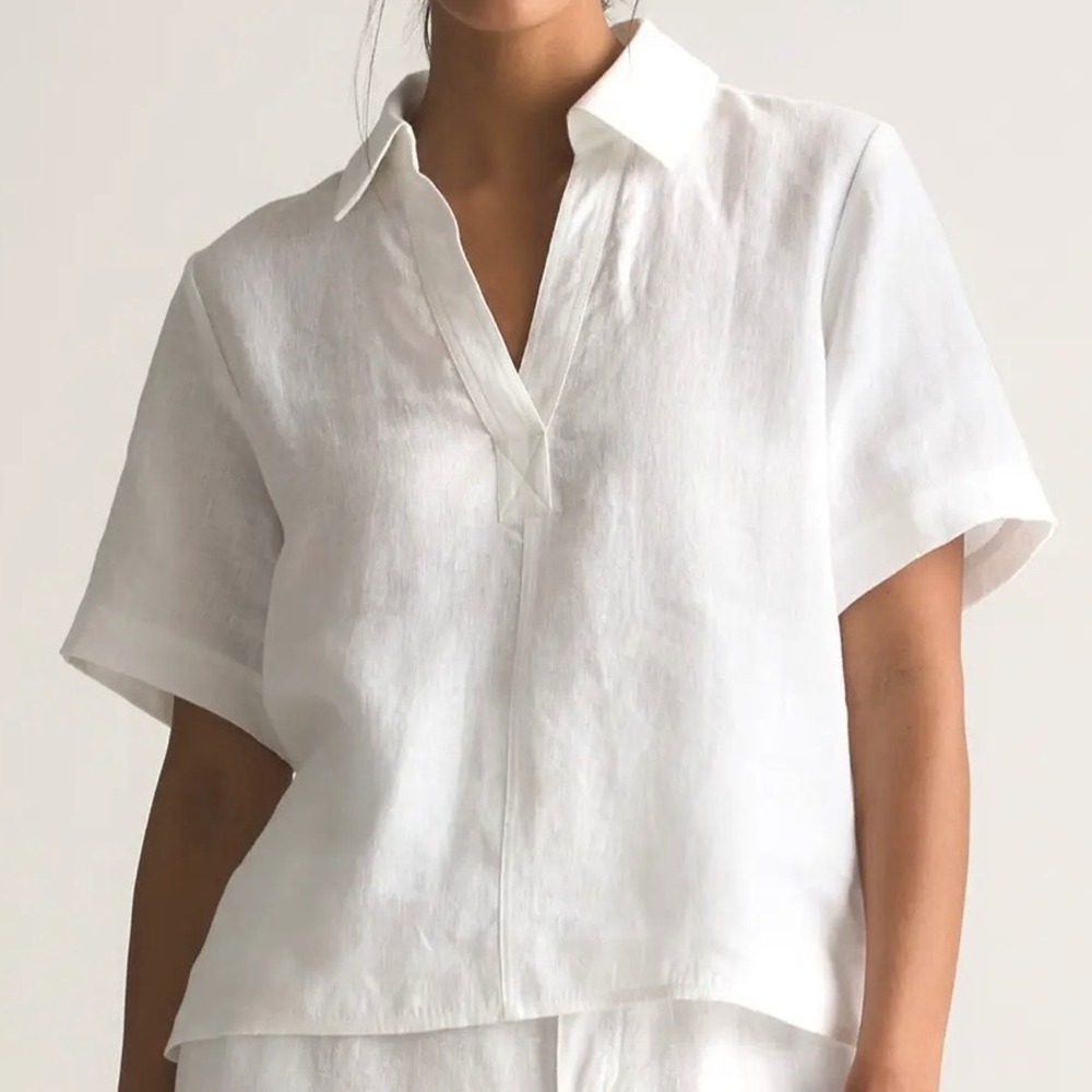 Quince 100% European Linen Short Sleeve Popover Top White Large NWT